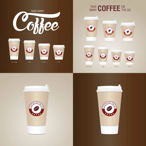 外出先のカップにコーヒー。取る離れて紙のコーヒー カップのサイズが異なる — ストックベクタ