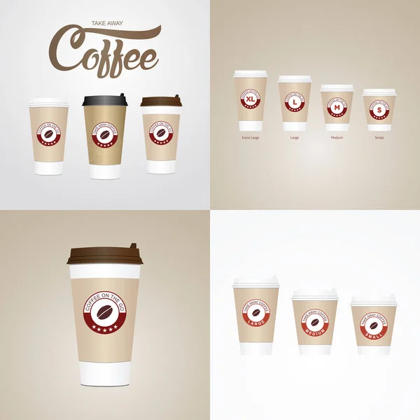 Kaffe på go kopparna. Ta bort papper kaffe koppar i olika storlekar — Stock vektor