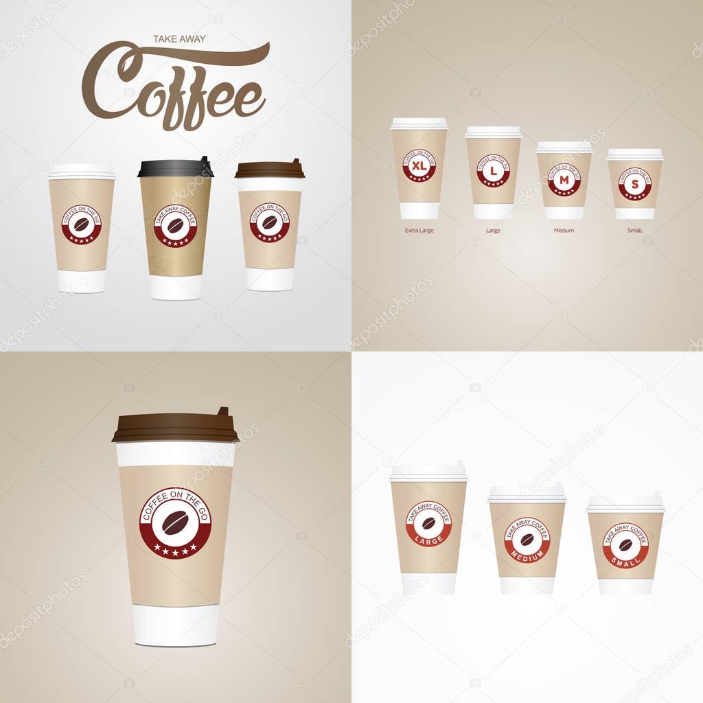 Coffee on the go cups. Different sizes of take away paper coffee cups