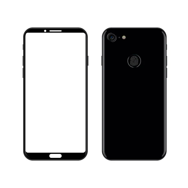 Konsep desain smartphone. Black smart phone front and back view isolated on white background - Stok Vektor