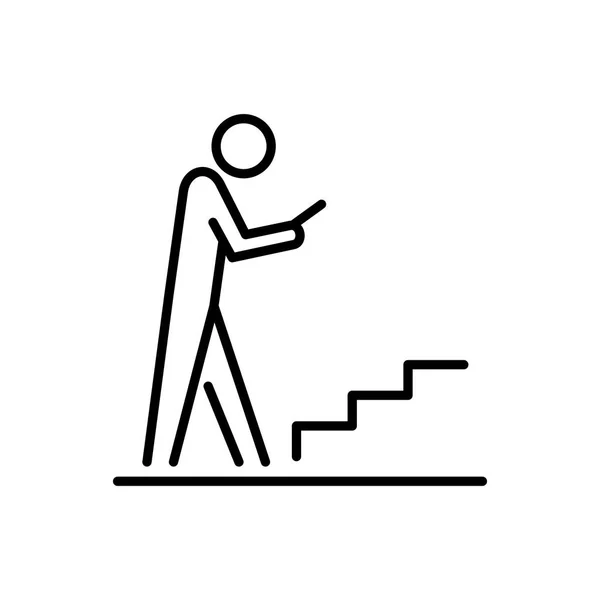 Člověk pomocí smartphone na schodiště ikonu ui lidí jednoduché linie plochý obrázek — Stockový vektor
