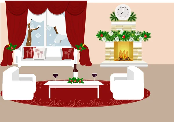 El interior del salón. Ilustración interior-vector de Navidad. Caricatura — Vector de stock