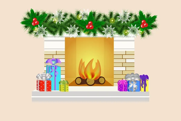 圣诞壁炉矢量图。壁炉和礼物。很多圣诞礼物 — 图库矢量图片
