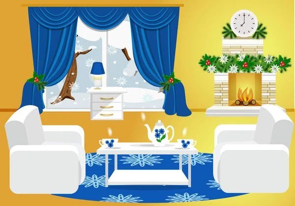 L'interno del soggiorno. Confortevole illustrazione vettoriale soggiorno. Vigilia di Natale — Vettoriale Stock