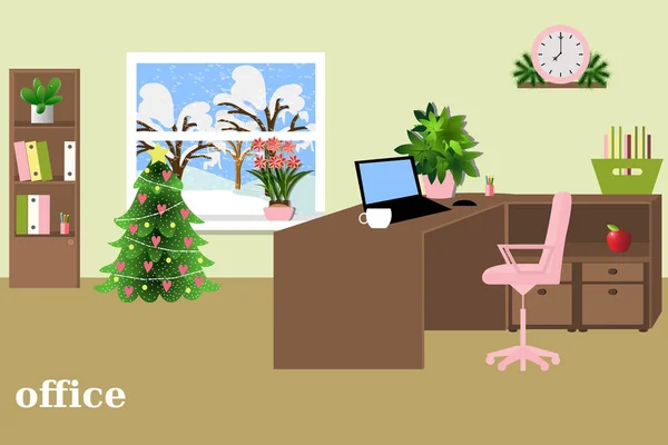 Office interiör vektorillustration. Christmas arbetsplatsens utformning — Stock vektor
