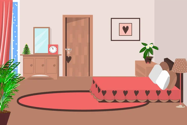 Dormitorio. El interior de la habitación. Vector. Cama, mesita de noche