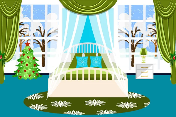 Quarto interior vetor ilustração. Interior festivo. O quarto está decorado em tons verdes e azuis — Vetor de Stock