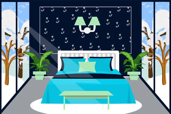 Dormitorio vector interior ilustración. Interior de invierno, dormitorio en azul oscuro y color menta. Caricatura — Vector de stock