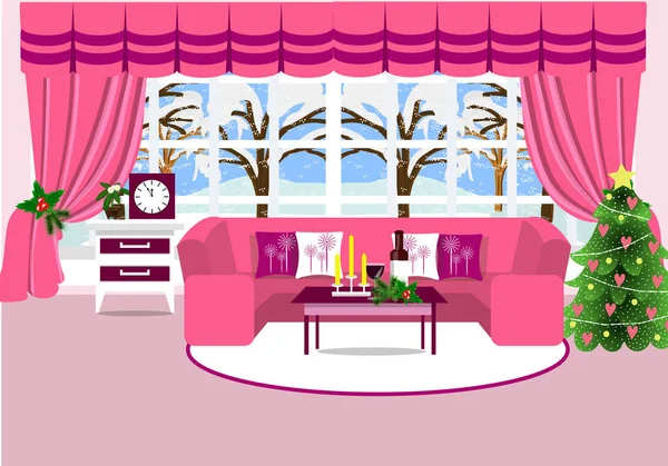 Woonkamer met meubilair. Sofa, tafel en kerstboom. Cartoon. Woonkamer interieur vectorillustratie — Stockvector