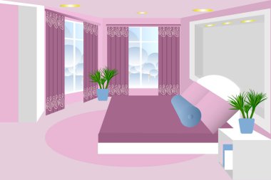Yatak odası. Odanın iç. Vektör. Yatak, komidin, bitki, pencere, perde. Çizgi film