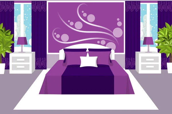 Dormitorio interior con muebles. Alfombra, cama, mesitas de noche, lámpara, planta de interior. Acogedor interior de invierno en tonos púrpura. Estilo plano. Ilustración vectorial — Vector de stock