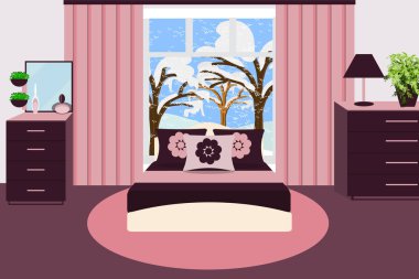 Yatak odası iç vektör çizim. Şifoniyer, komodinde, saksı bitki, lamba, halı, yatak, kış manzarası. Düz stil. Çizgi film