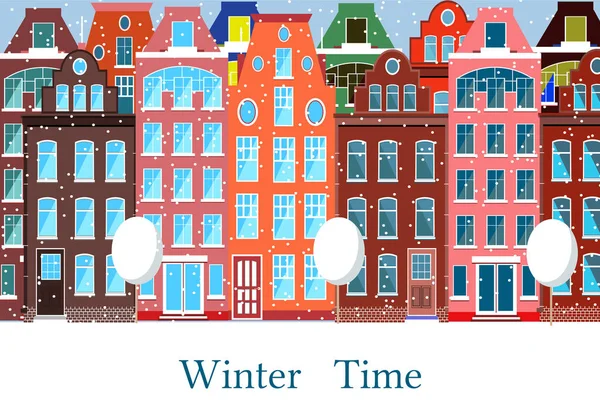 Ilustração vetorial de paisagem urbana de inverno. Cidade no inverno. Design plano. Desenhos animados — Vetor de Stock