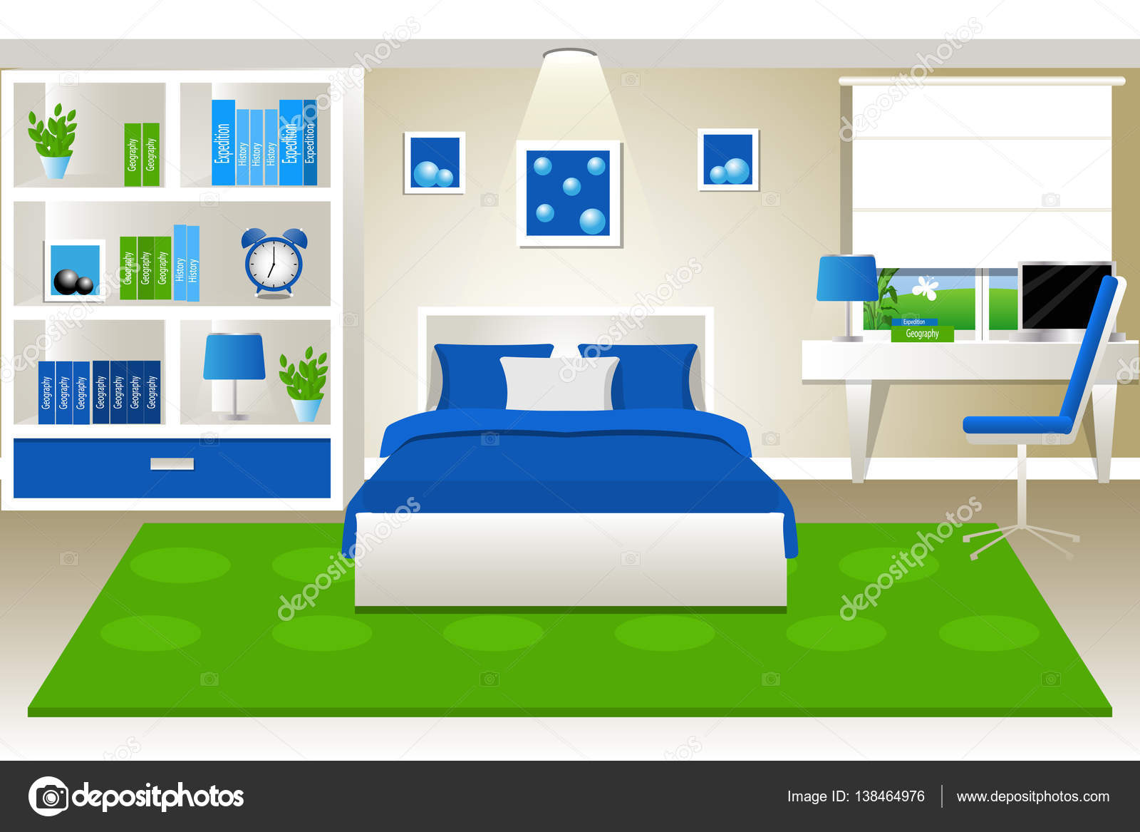 El interior de la habitación. Habitación en color azul y verde. Cama