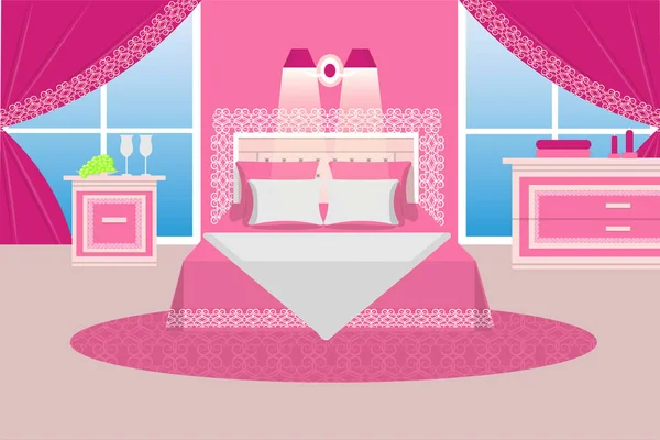 Slaapkamer vectorillustratie. Kamer voor meisjes. Vlakke stijl. Meubilair in roze kleur — Stockvector