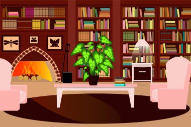 Rahat oturma odası ile bir şömine, bir kitaplık ve bir sandalye. Vektör çizim.