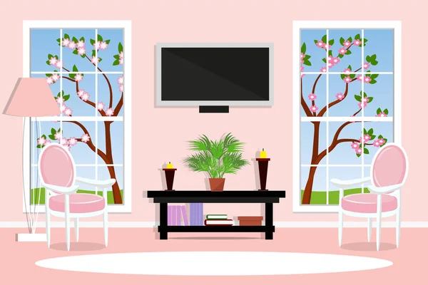 Interior sala de estar primavera paisaje fuera de la ventana. Habitación luminosa y acogedora. Ilustración vectorial . — Archivo Imágenes Vectoriales