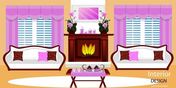 Gemütliches Wohnzimmer mit Kamin. Sofa, Tisch, Fenster, Topfpflanze, Kerzen und Leckereien. flachen Stil. Vektorillustration. Karikatur. — Stockvektor