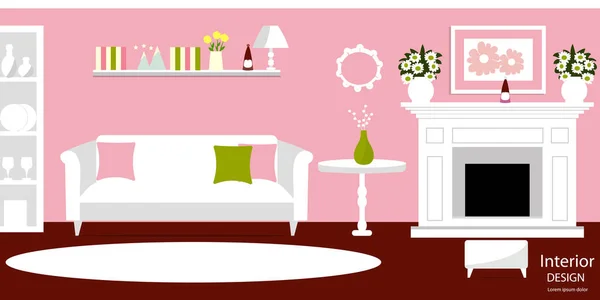 L'intérieur du salon. Chambre confortable avec cheminée et mobilier. Canapé, table, fleurs, étagère. Style plat. Illustration vectorielle — Image vectorielle