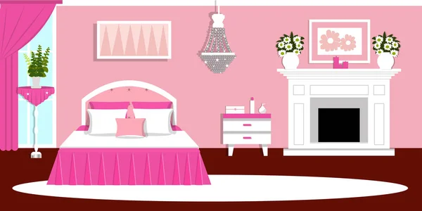 Yatak odası iç. Bir yatak ve şömine bir oda. Vektör çizim. Düz stil. — Stok Vektör