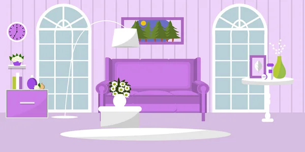O interior da sala de estar. Quarto com mobília. Sofá, janela, lâmpada, mesa, flores. Estilo plano. Ilustração vetorial. Desenhos animados . — Vetor de Stock
