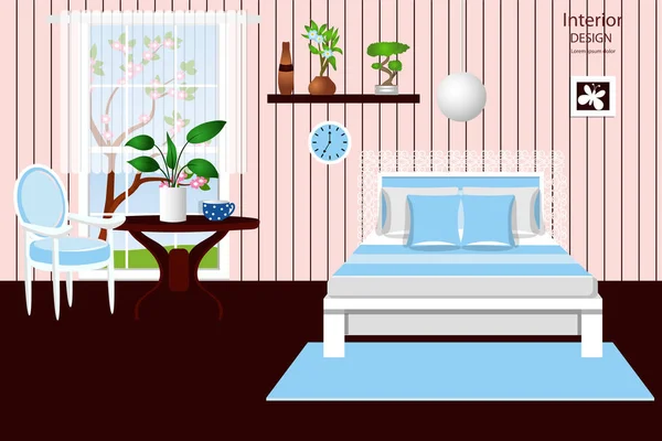 El interior del dormitorio. Una acogedora habitación con una cama. Ilustración vectorial. Caricatura . — Vector de stock