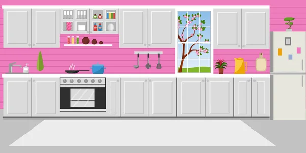 L'intérieur de la cuisine. Chambre confortable pour cuisiner. Style plat. Illustration vectorielle — Image vectorielle