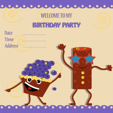 Komik karikatür cupcakes. Doğum günü için davetiye için şablon. Vektör çizim.