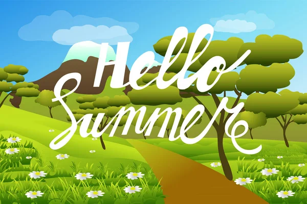 Hello summer . Summer landscape, nature. Mountains , trees, meadow and flowers. Cartoon. Vector illustration. — Stock Vector