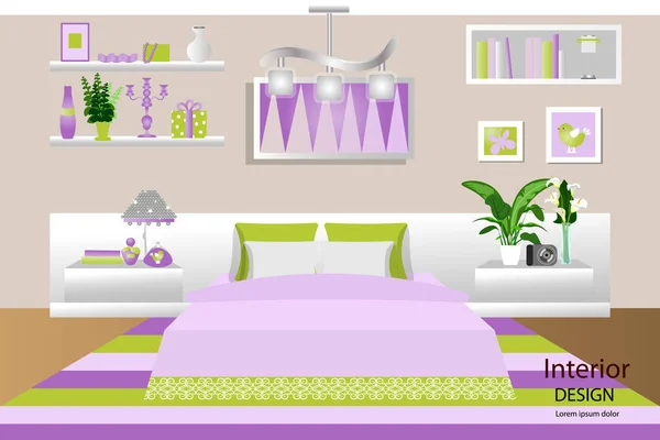 The interior of the bedroom. Bed , carpet, bedside table and plants. Cartoon. Vector illustration. — Stock Vector