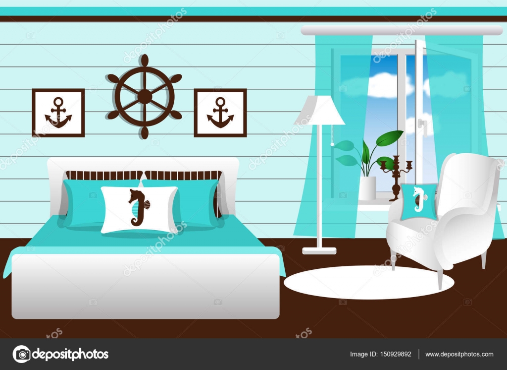 Het interieur van de slaapkamer. De kamer van Marine stijl, in blauw ... Het interieur van de slaapkamer. De kamer van Marine stijl, in blauw ...