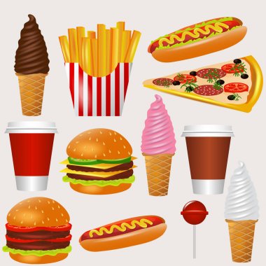 Fast food güzel gerçekçi Set simgeler. Hamburger, çizburger, sosisli sandviç, dondurma, pizza, kızarmış patates ve içecekler. Vektör çizim.