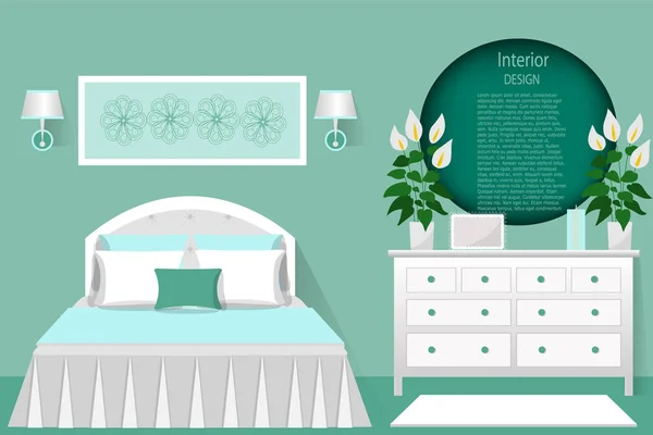 寝室のインテリア。家具、ベッド、ドレッサー ルーム。ベクトル図. — ストックベクタ