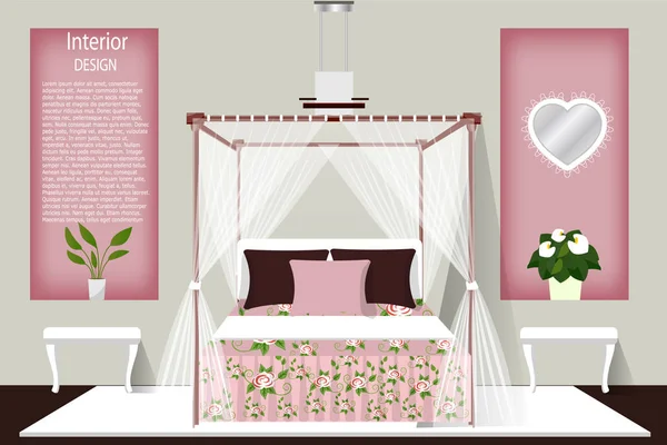 El interior del dormitorio. Una cama con dosel. El diseño de la habitación. Banner. Vector . — Vector de stock