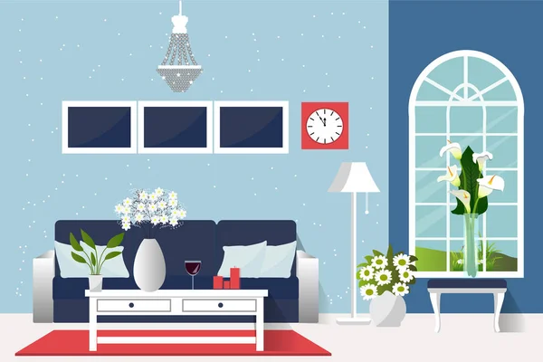 The interior of the living room. Cozy room in a retro style. Vector illustration. Cartoon. Flat design. — Stock Vector