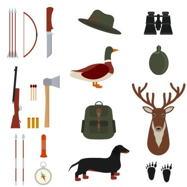 Avcılık. Avcılık simgeler kümesi. Silah, oyun, dişli. Düz tasarım.