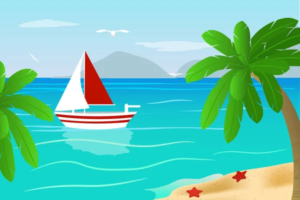 Beach, boat, ocean. Cartoon. Vector illustration. — Stock Vector