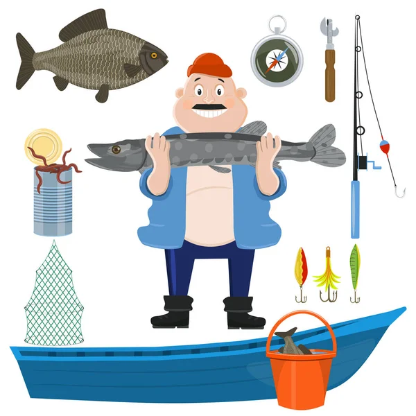 Fishing cartoon sport icon set. Fish, fishing rod, boat and tackle, fisherman catch and equipment. Design element for fishing emblem . Vector illustration. — Stock Vector