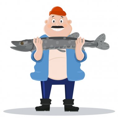 Mutlu balıkçı ile büyük bir balık. Vektör çizim. çizgi film.