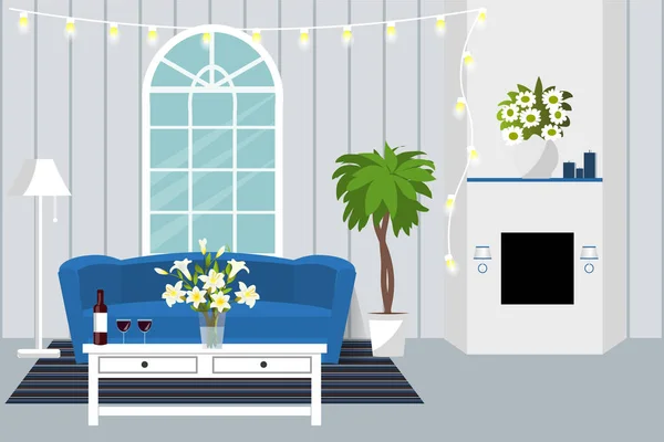 Raumausstattung. Vektor. living design lounge. Cartoon-Hintergrund in flachem Design mit Kamin und Sofa. — Stockvektor