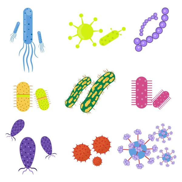 Bacterias y gérmenes, diseño plano. Conjunto de diversos organismos patógenos. Ilustración vectorial. Dibujos animados. Aislado sobre fondo blanco . — Vector de stock