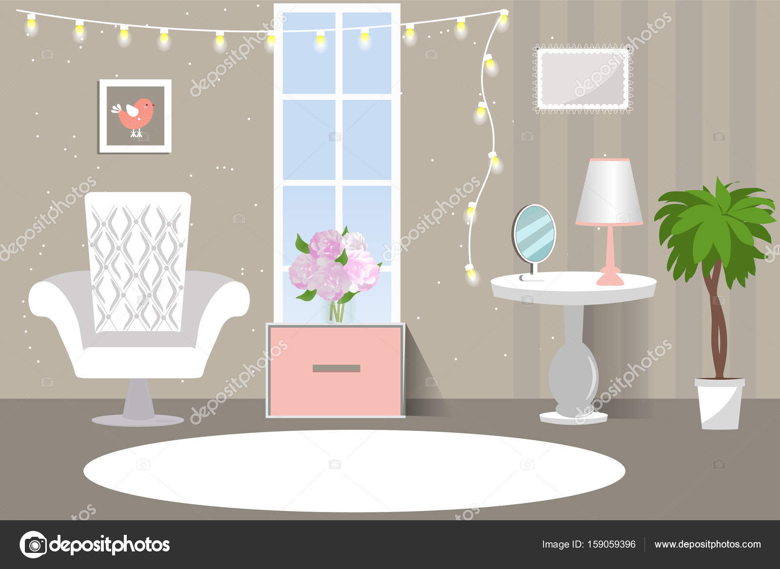 Het interieur van de woonkamer. Gezellige kamer in roze grijs ... Het interieur van de woonkamer. Gezellige kamer in roze grijs ...
