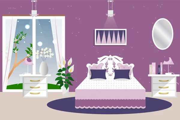 El interior del dormitorio. Habitación en color lavanda. Cama, ventana, mesitas de noche y decoración. Dibujos animados. Ilustración vectorial . — Archivo Imágenes Vectoriales