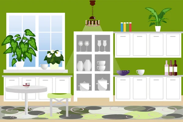 O interior da cozinha. Cozinha acolhedora com móveis, armários, utensílios de cozinha, plantas. Design plano, desenhos animados. Ilustração vetorial . —  Vetores de Stock