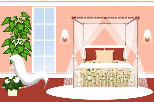 Decoração de quarto para meninas. Quarto luxuoso com uma cama de quatro cartazes e área de estar com plantas. Desenhos animados. Ilustração vetorial . — Vetor de Stock
