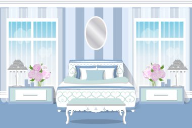 Yatak odası iç. Pastel renklerde güzel parlak oda. Çizgi film. Vektör çizim