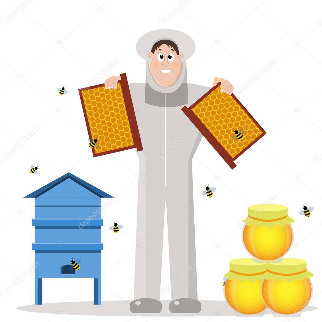 The beekeeper in the apiary. Man in protective suit isolated on a white background. Cartoon. Vector illustration