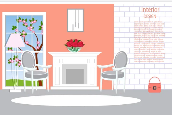 Interiören i vardagsrummet. Mysigt rum med öppen spis och två stolar. Cartoon. Vektorillustration. — Stock vektor