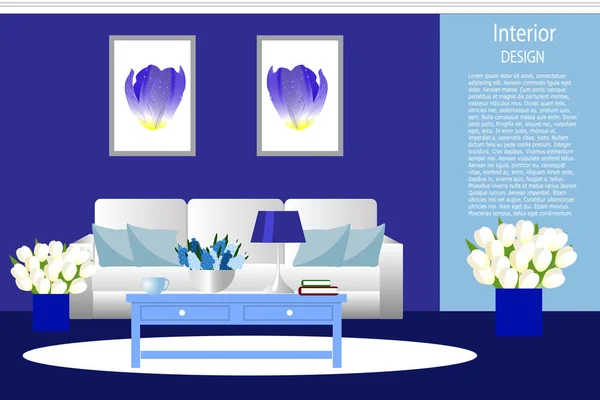 O interior da sala de estar. Quarto em uma cor azul brilhante, sofá branco com almofadas, um vaso com flores. Desenhos animados. Vetor . —  Vetores de Stock