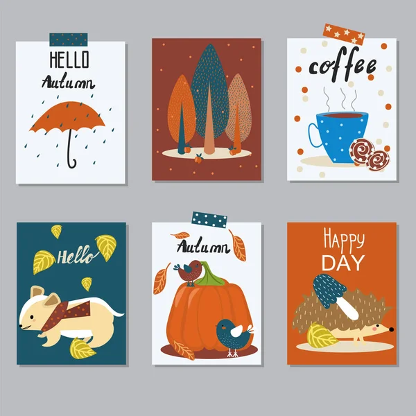 Sonbahar, elle çizilmiş, komik kartları. Şablon, el ilanı, etiket. Çizgi film. Vektör çizim.